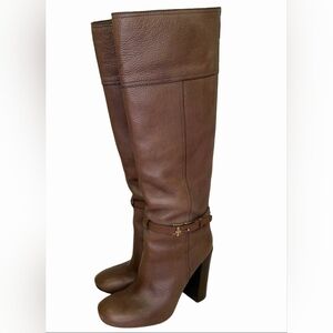 Tory Burch Designer Jenna Brown Leather Knee High Boots with Chunky Heel 5.5